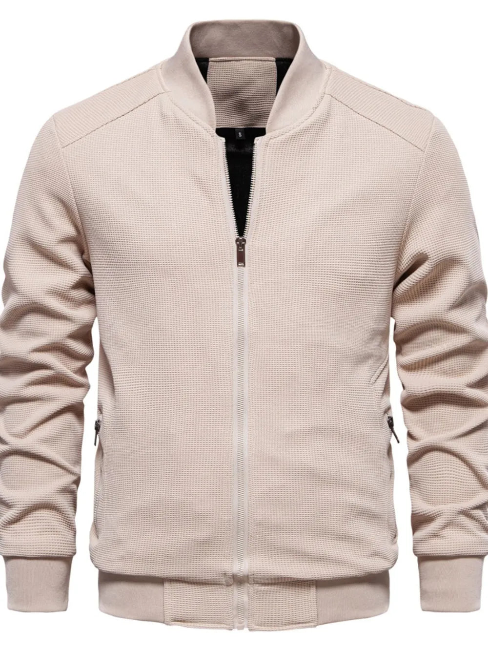 Textured knit bomber jacket in taupe with zip front and faux shearling collar detail.