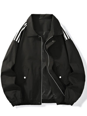 Wine Red Men's Plus Size Striped Zip Up Jacket