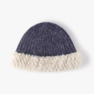 Indigo ribbed knit beanie with plush faux fur trim