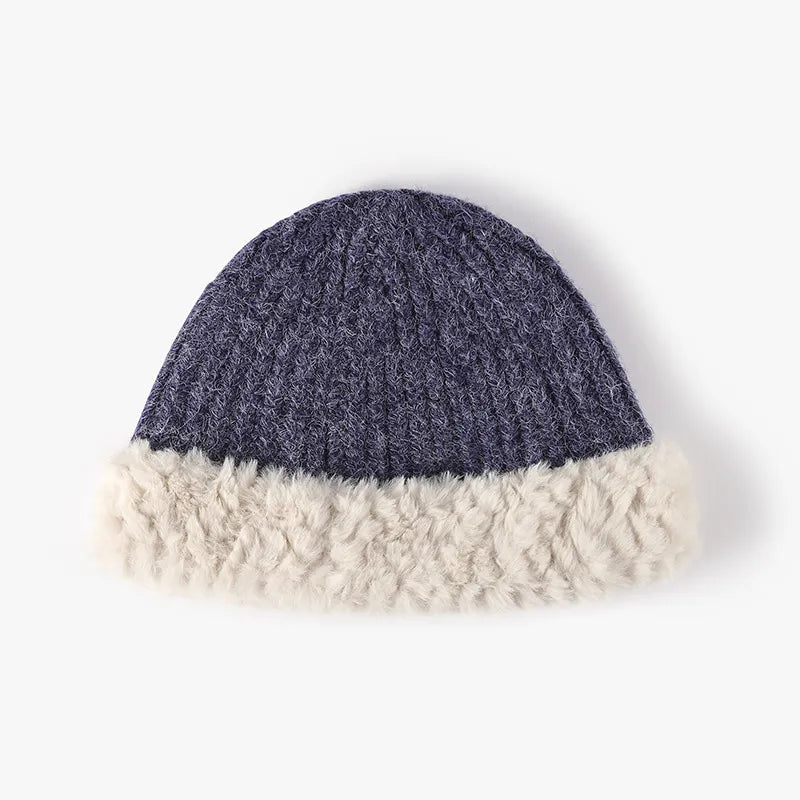 Indigo ribbed knit beanie with plush faux fur trim