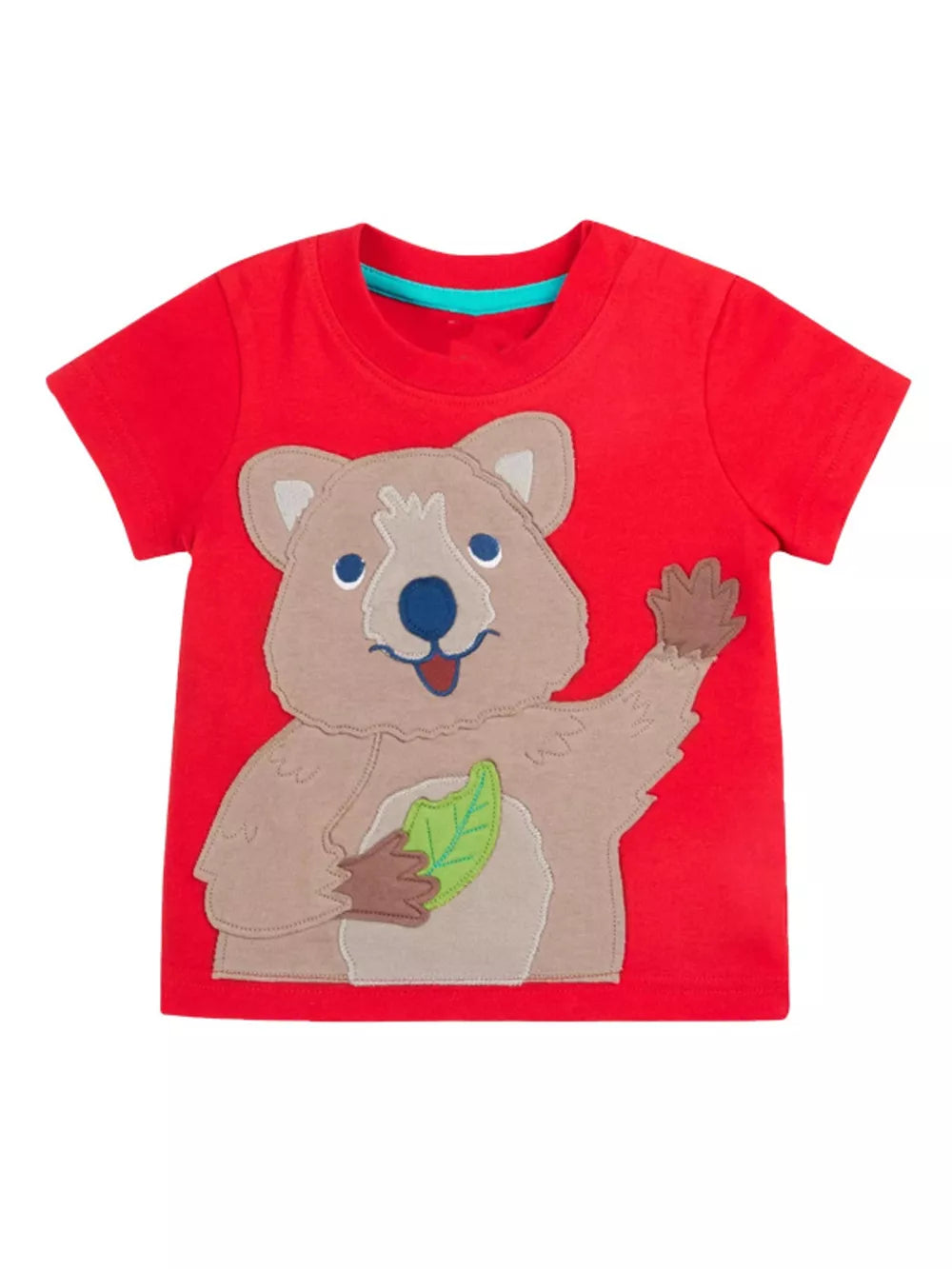 Red cotton t-shirt with cheerful quokka applique and blue neckline trim.