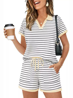 Striped polo shirt and drawstring shorts loungewear set with yellow trim and pockets.