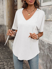Relaxed short sleeve hooded t-shirt in gray/white with v-neck and drawstring.