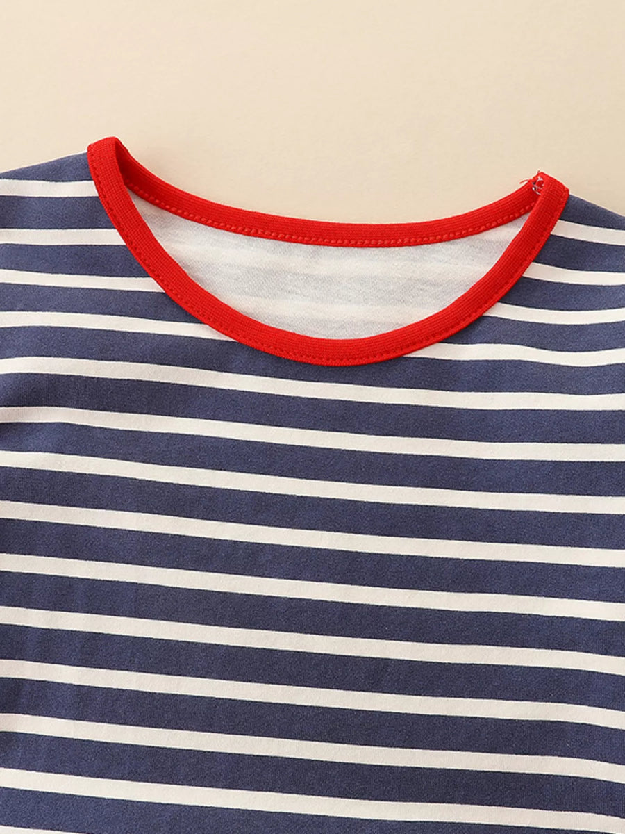 Baby cotton dress with navy and white stripes and a red trim neckline.