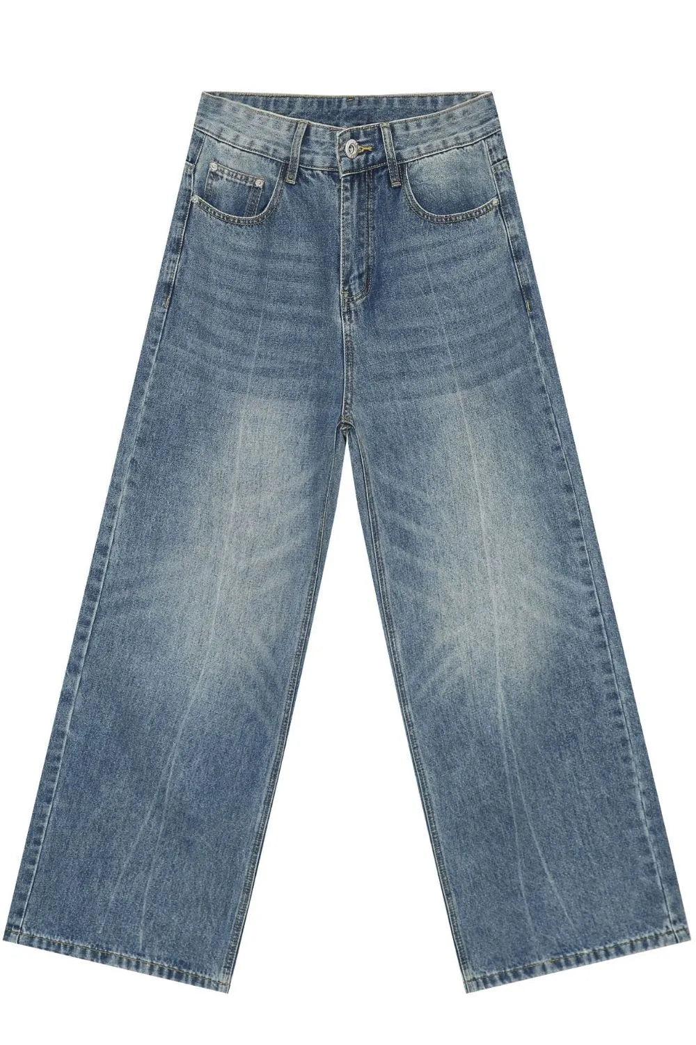 Wide-leg washed denim jeans in medium blue with a relaxed fit.