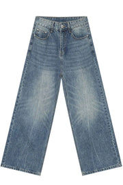 Wide-leg washed denim jeans in medium blue with a relaxed fit.