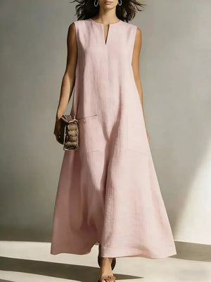 Pink linen sleeveless maxi dress with V-neck and pockets