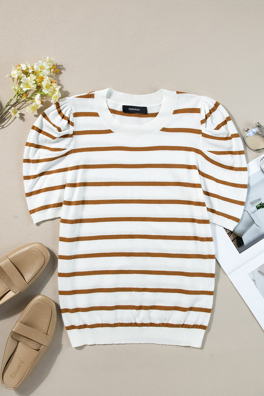 Puff sleeve breton knit top in white with brown stripes and a crew neck.