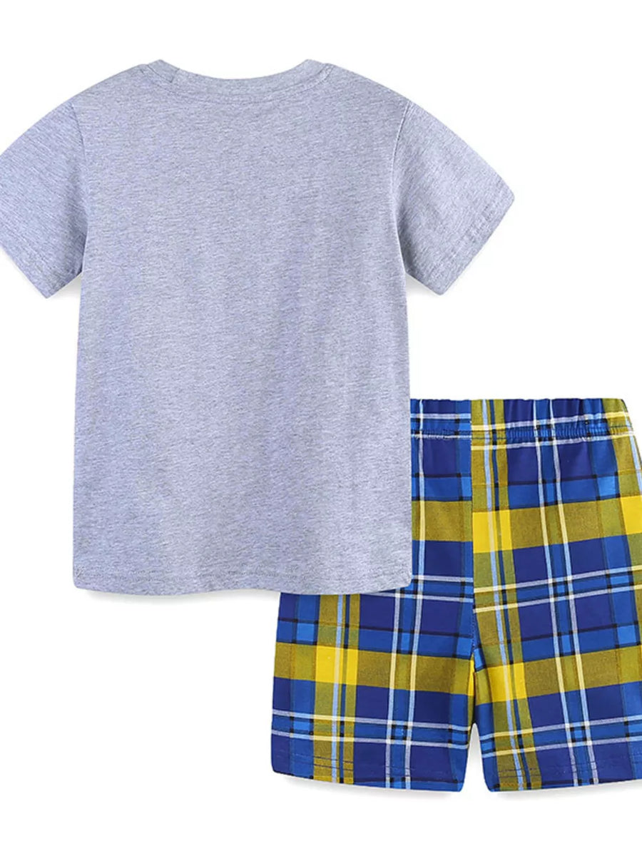 Toddler cotton t-shirt and plaid shorts set in grey, blue, and yellow.