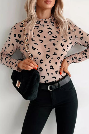 Sheer mesh bodysuit in khaki with black leopard print, mock neck, and long sleeves.