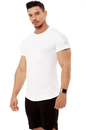 White performance tee with grey shoulder print and crew neck.