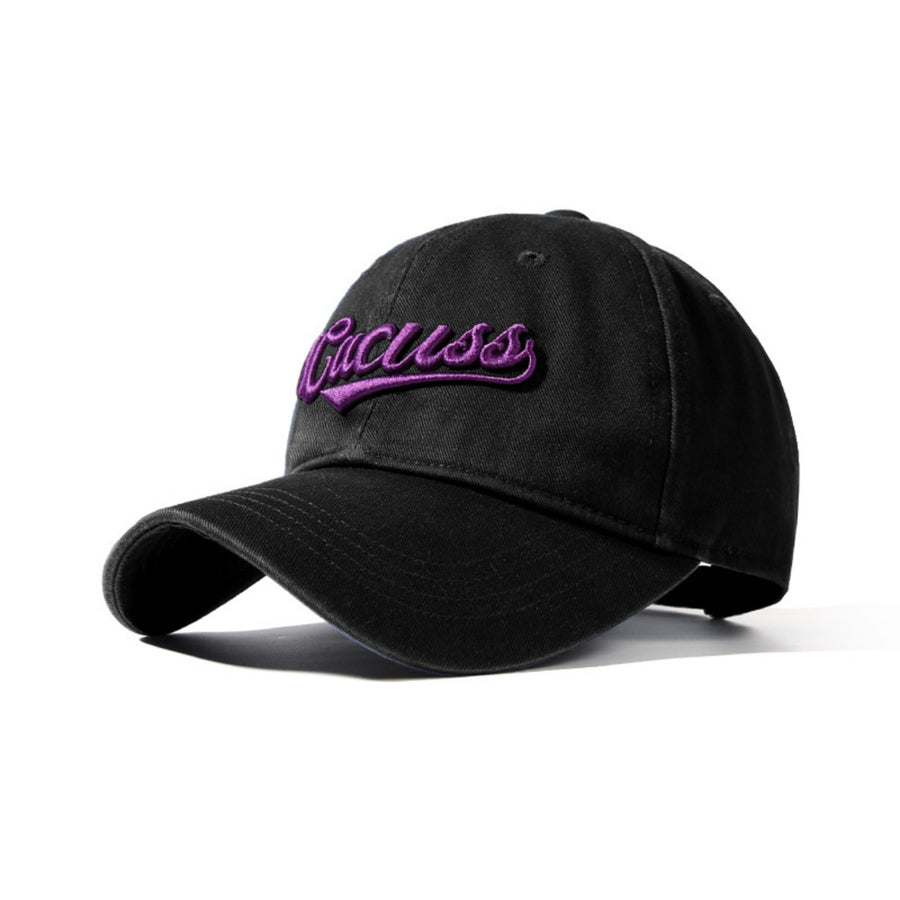 Black cotton baseball cap with purple embroidered text detail.