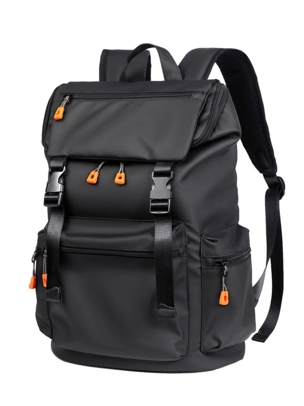 Black tech-utility backpack with contrast orange zips and adjustable straps