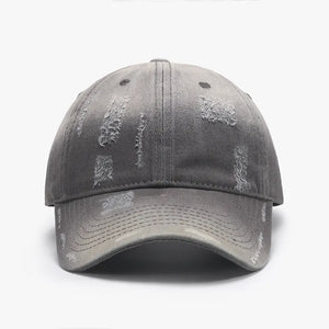 Gray distressed cotton baseball cap with frayed details