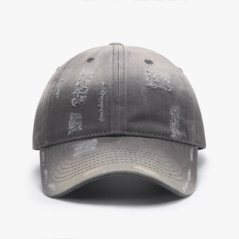 Gray distressed cotton baseball cap with frayed details