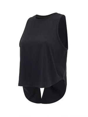Black cotton tank top with crew neck and open back detail