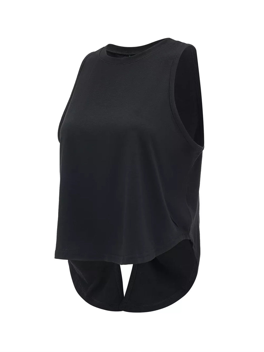 Black cotton tank top with crew neck and open back detail
