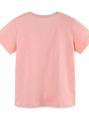 Toddler pink cotton crew neck t-shirt with short sleeves.