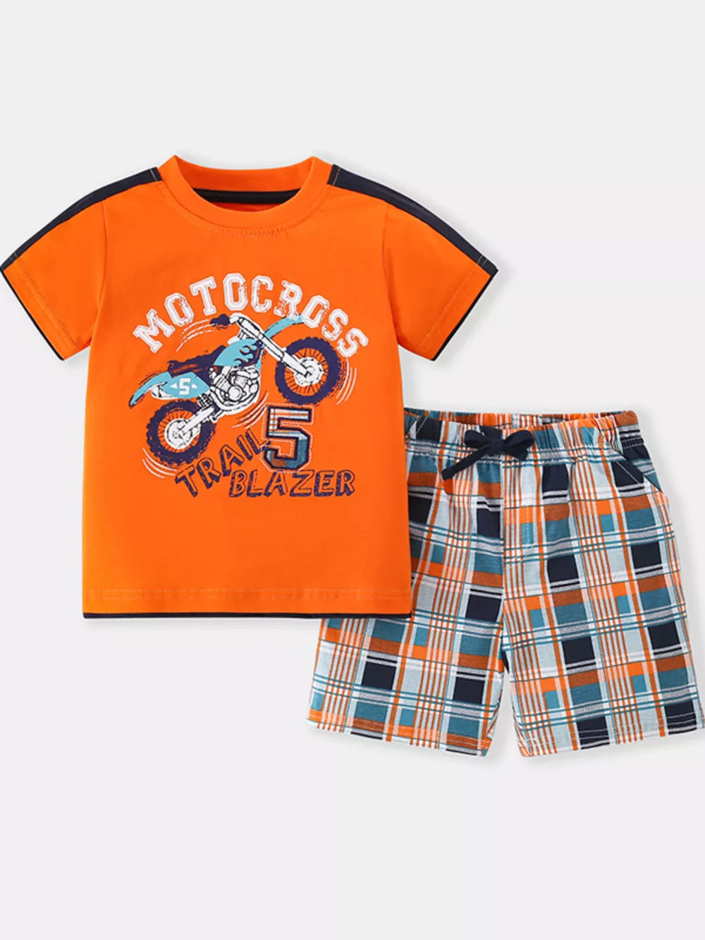 Orange motocross graphic t-shirt and plaid shorts set for boys