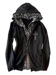 black zip hoodie with leopard-print and hooded