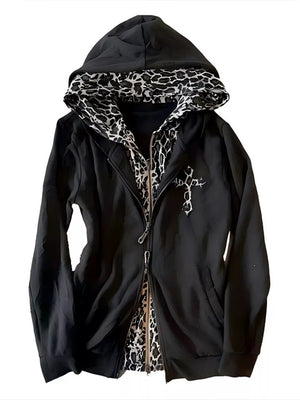 black zip hoodie with leopard-print and hooded