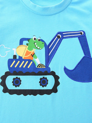 Blue cotton toddler t-shirt with a cartoon dinosaur driving an excavator applique.