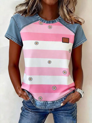 Denim patchwork blouse with pink and white stripes and daisy print.