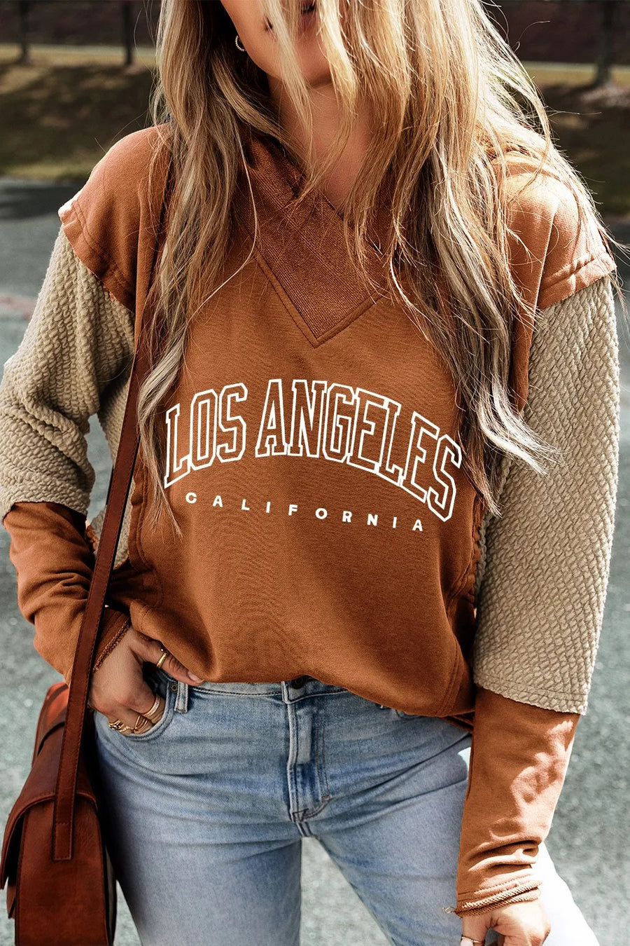 Caramel hoodie with Los Angeles graphic and textured sleeves