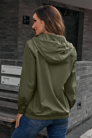 Army green hooded utility jacket with drawstring waist and elastic cuffs.