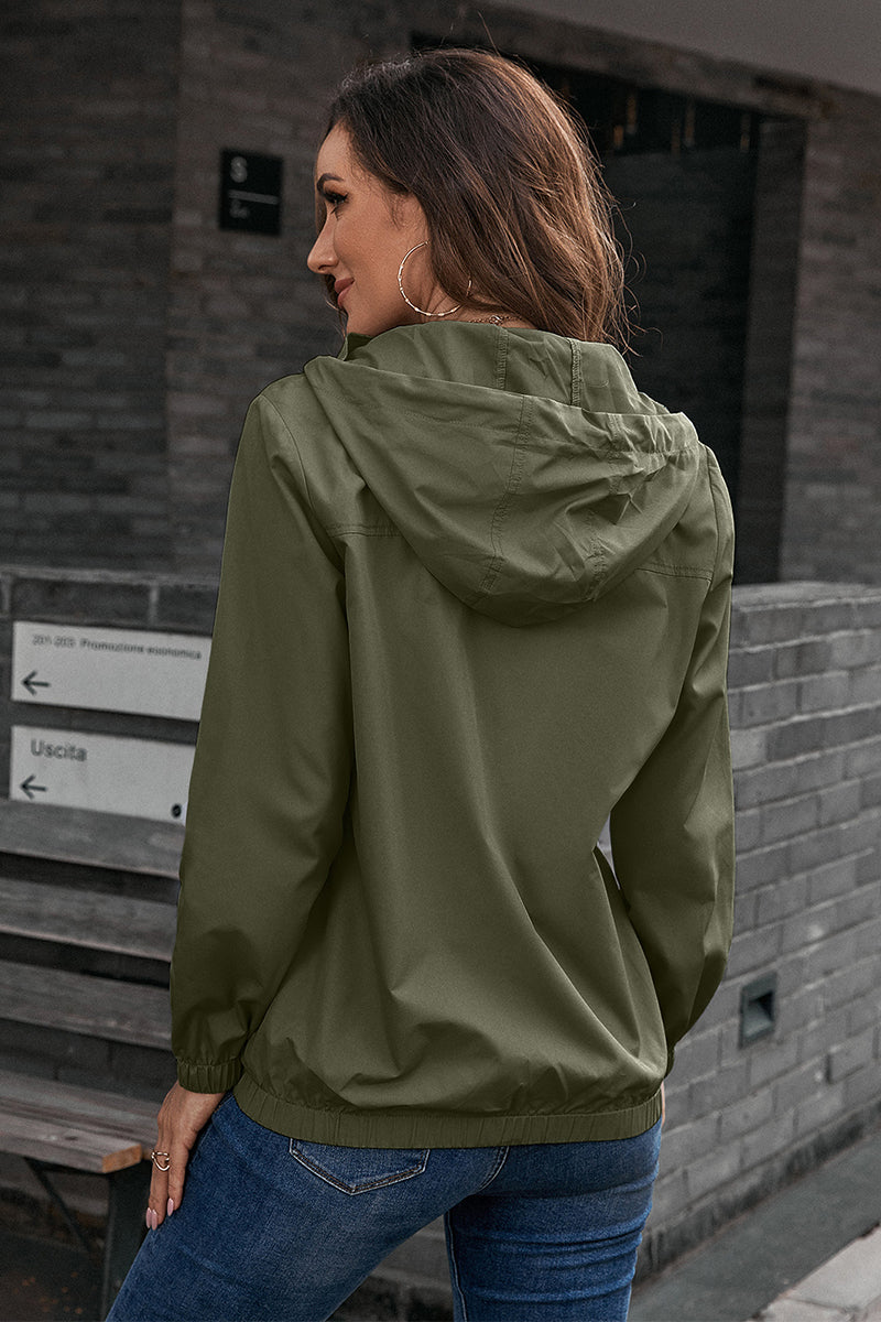 Army green hooded utility jacket with drawstring waist and elastic cuffs.