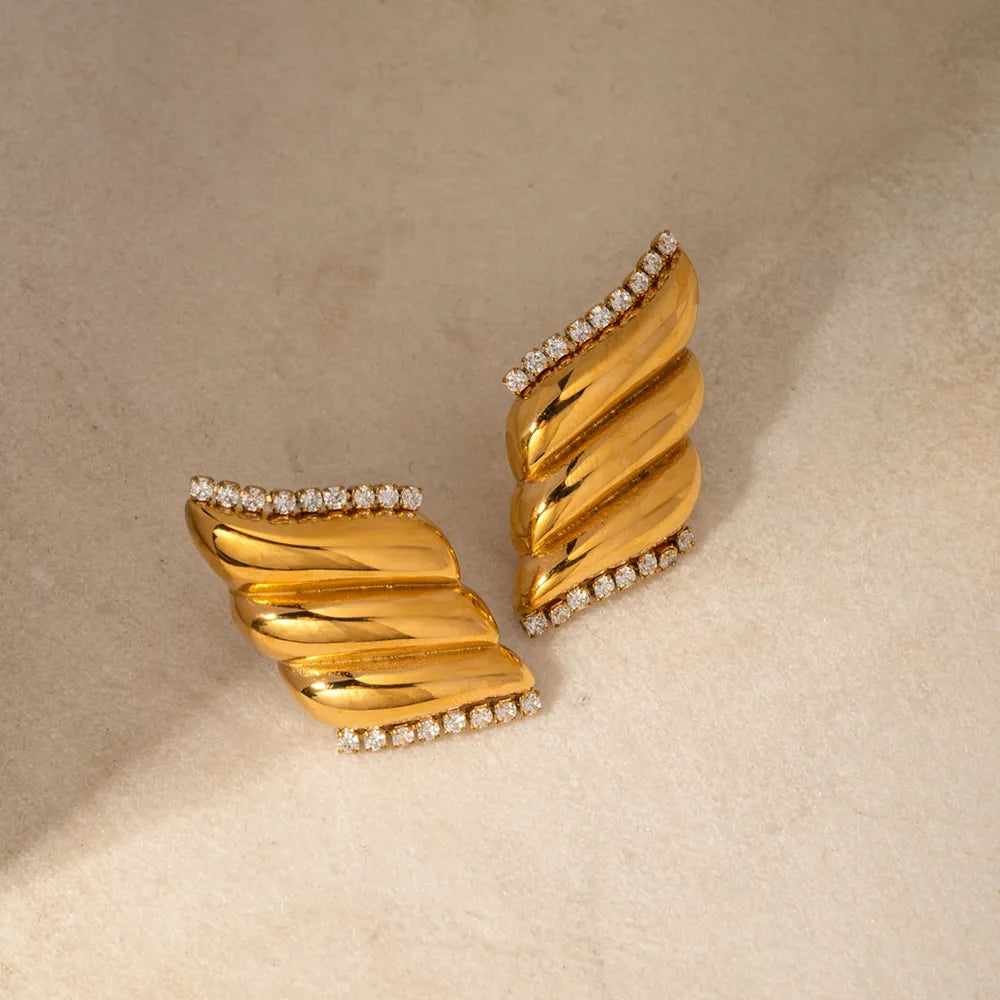 Gold sculptural wave crystal stud earrings with 18K gold plating