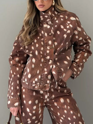 brown denim jacket with fawn-print and collared
