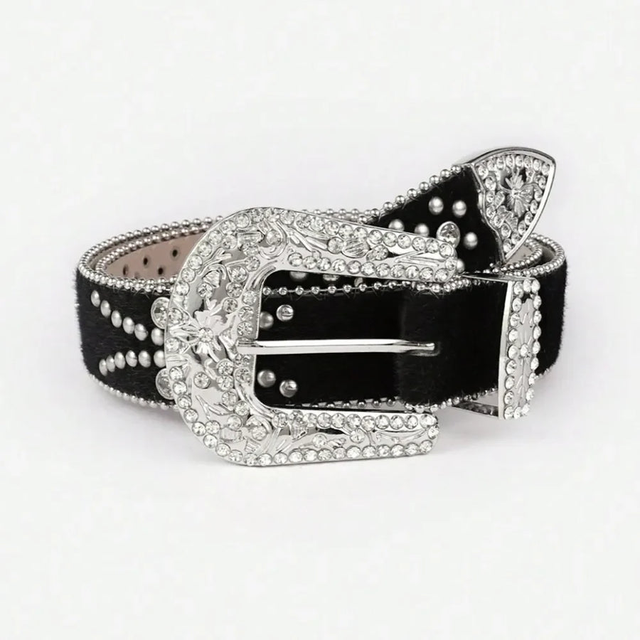 Black western belt with crystal embellishments and ornate silver buckle.
