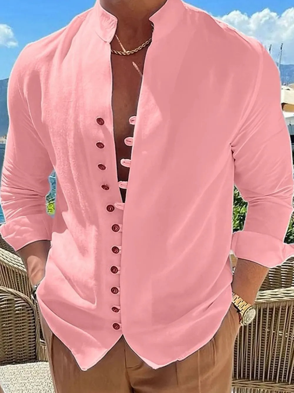 Dusty Pink linen shirt with mandarin collar and button placket, long sleeves.