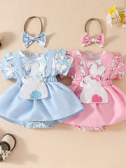 Baby girl dresses in sky blue and pink with bunny applique and bow headbands.