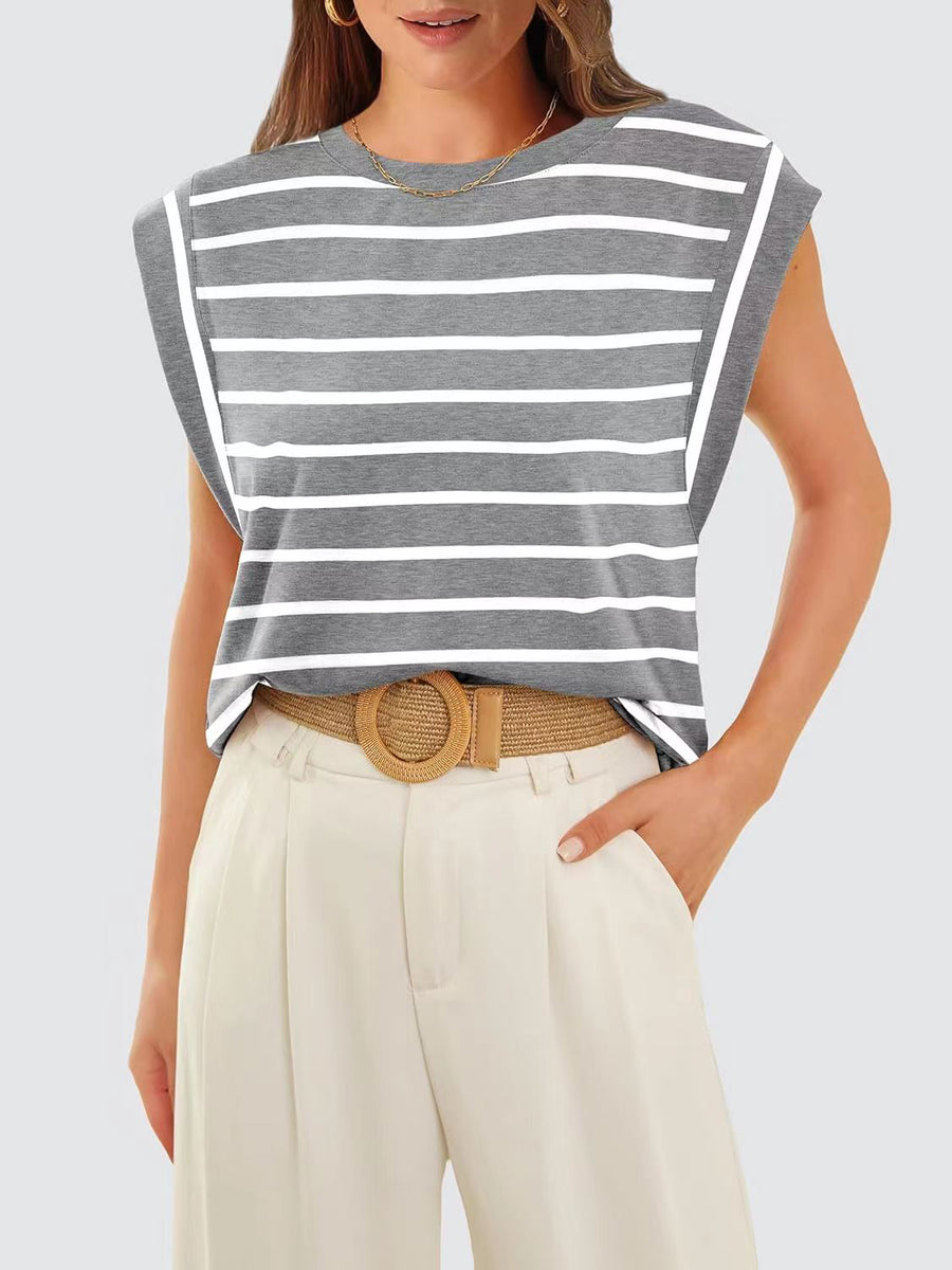 Padded shoulder tank top with breton stripes in grey and white, cap sleeves.