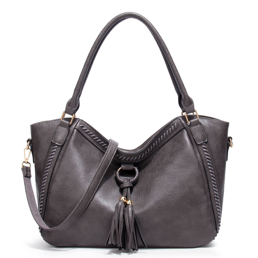 PU Leather Tassel Decor Shoulder Bag in Dark Gray with tassel decor