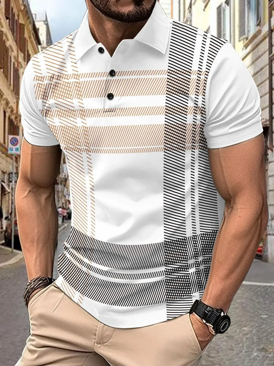 White polo shirt with graphic panel, short sleeves, and buttoned collar.