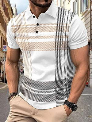 White polo shirt with graphic panel, short sleeves, and buttoned collar.