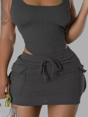 Ribbed knit tank top and drawstring pocket mini skirt set in charcoal grey.