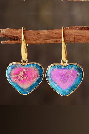 Heart-shaped jasper and gold dangle earrings with blue and pink marbling.