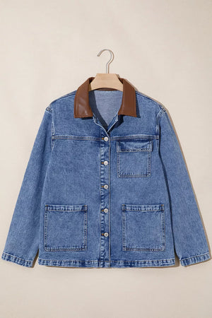 Dusty Blue with Patchwork Leather Collar Denim Jacket