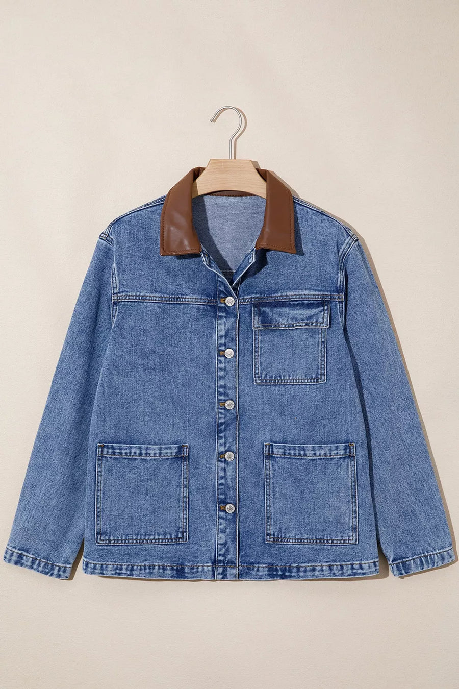 Dusty Blue with Patchwork Leather Collar Denim Jacket
