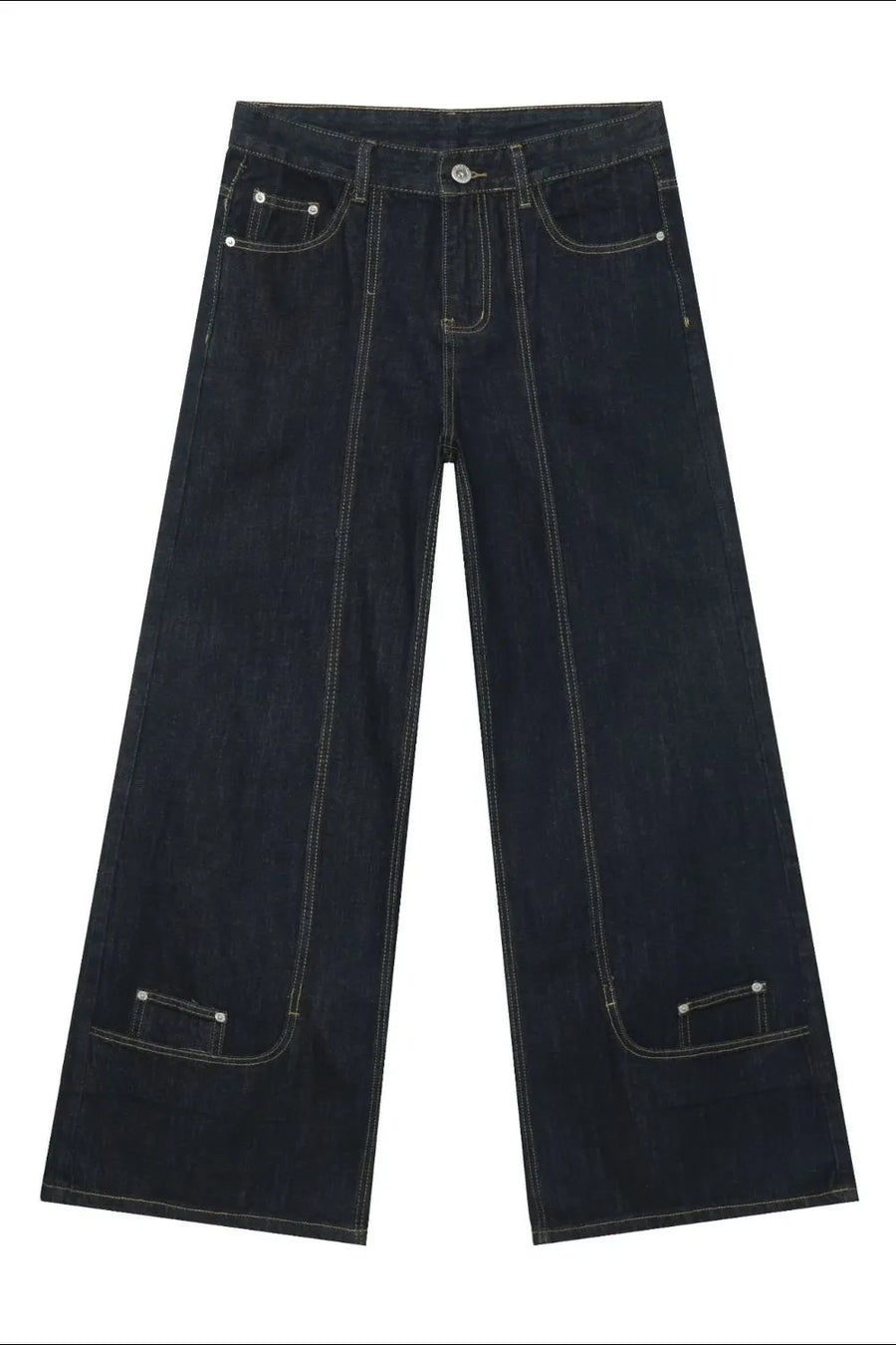 Dark denim trousers with sculptural seam details and wide legs.