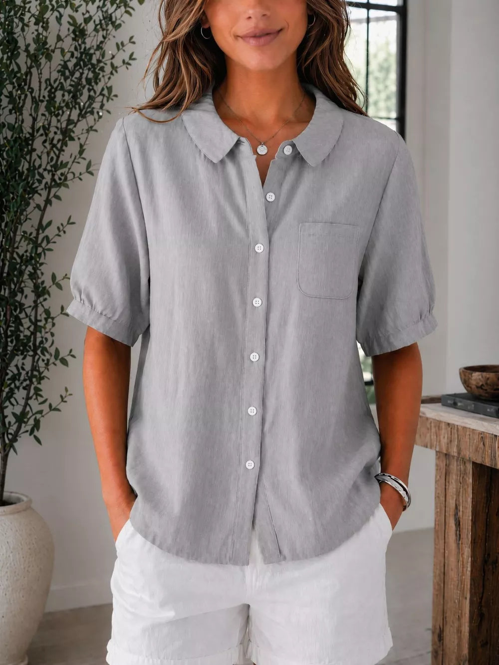 Full Size Button Up Short Sleeve Shirt Plus Size in White