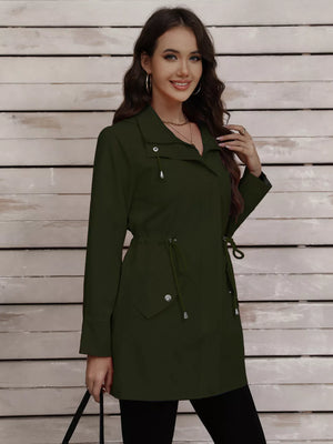 Military green drawstring trench coat with snap-down detail and cinched waist