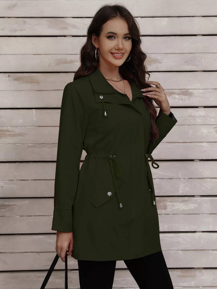 Military green drawstring trench coat with snap-down detail and cinched waist