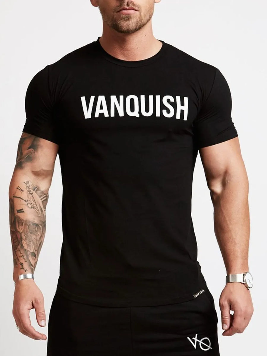Black crew neck t-shirt with white VANQUISH graphic, short sleeves, and a casual fit.