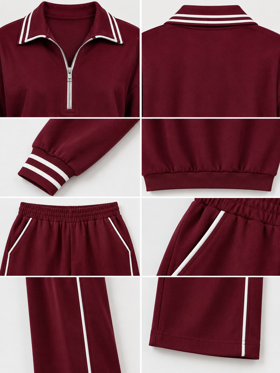 Elastic-Waist Striped Half Zip Top And Pants Set in Burgundy