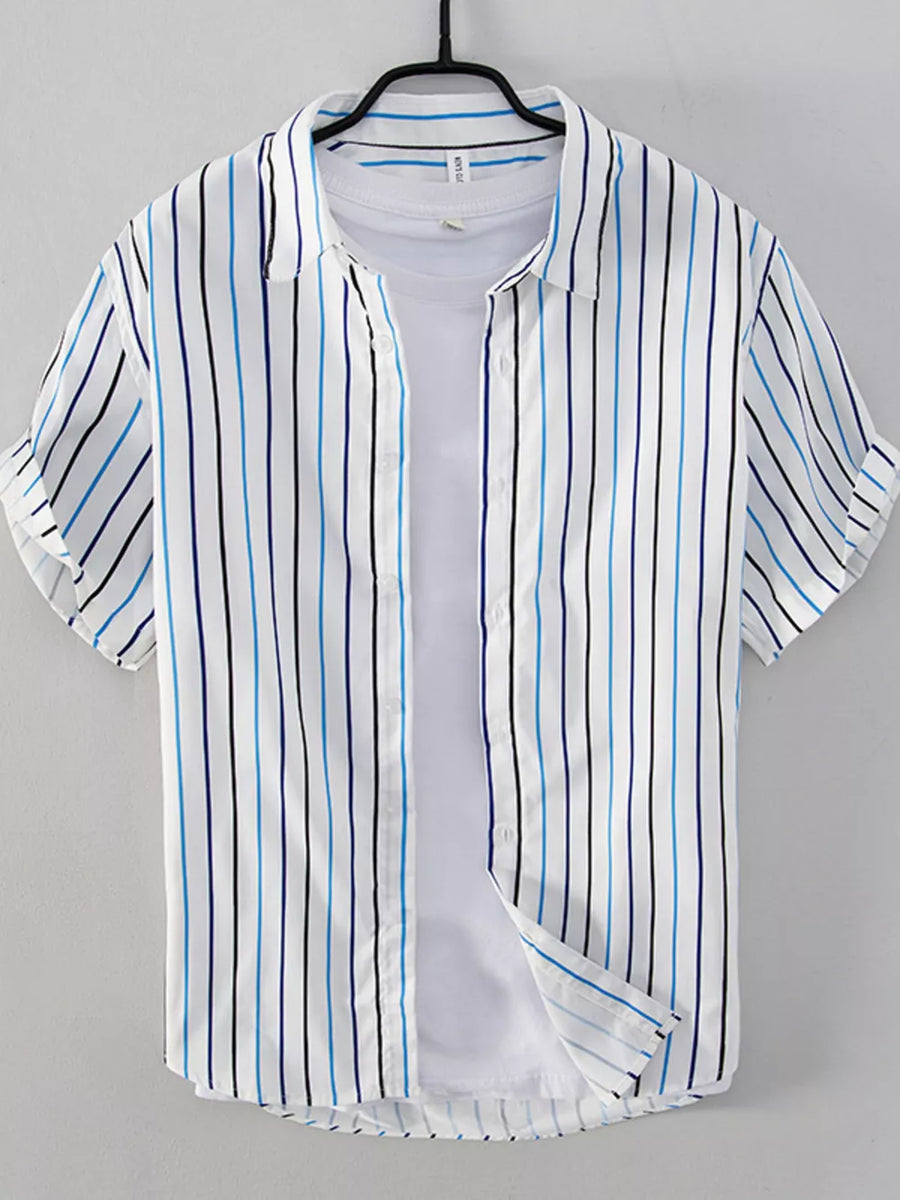 Men's Plus Size Striped Button Up Shirt in Blue